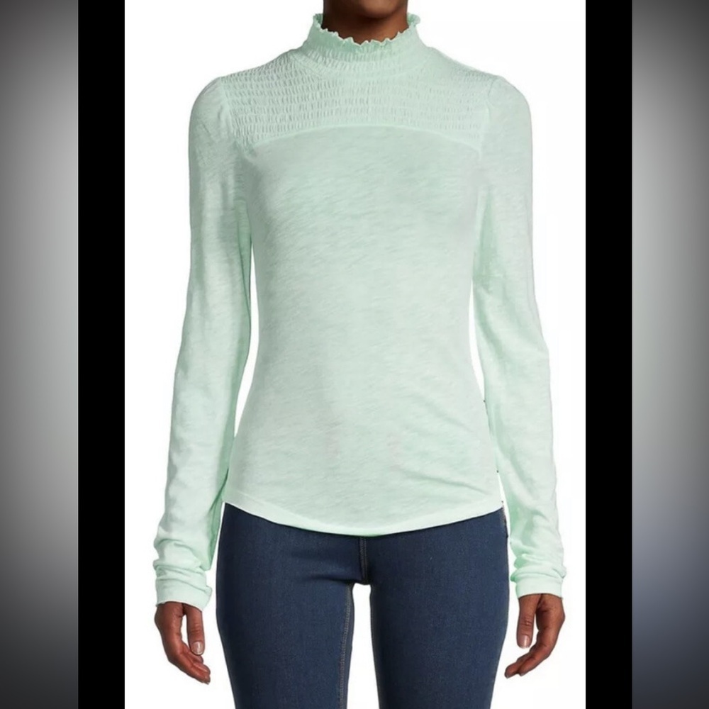 NWT Free People We The Free Caroline Smocked Turtleneck Top Iced Aqua Sz Small